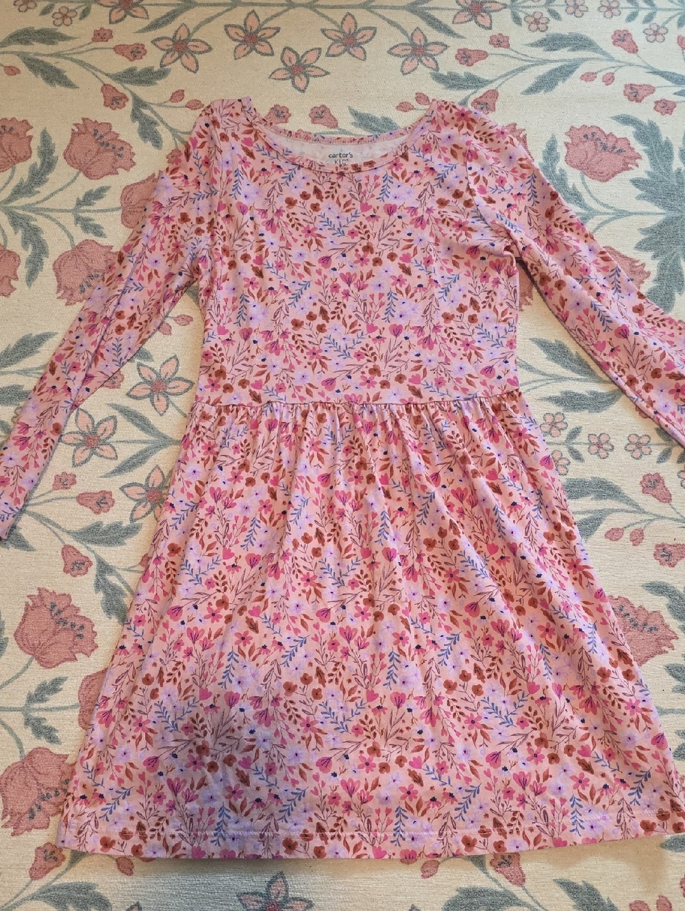 Carter's Pink Floral Long Sleeve Girls Dress with Multicolor Blooms